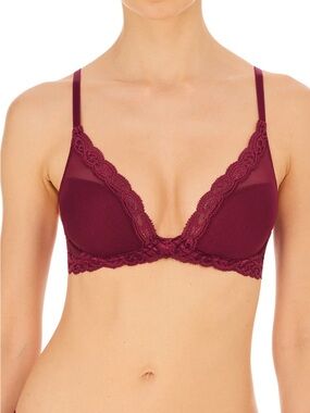 Natori Feathers Bra 32D Burgundy Red Lace Contour Plunge